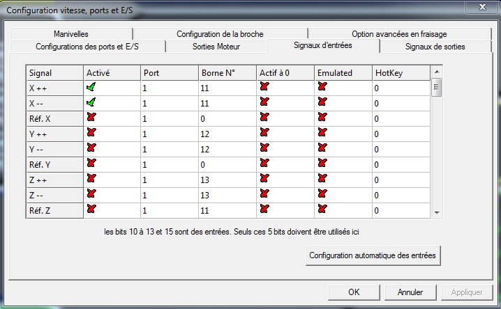 Capture d'écran de configuration des ports et E/S dans Mach3.