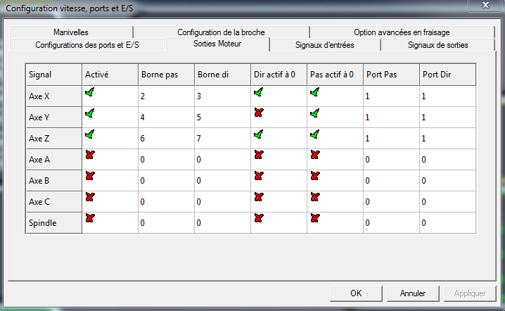 Capture d'écran de la configuration vitesse, ports et E/S de Mach3.